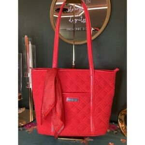 Vera Bradley Bright Red Quilted Tote Bag with Patent Accents and Scarf Detail